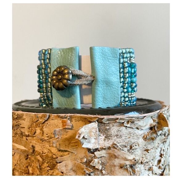 HANDMADE Boho Loom Cuff Bracelet with turquoise and teal beads - Picture 8 of 10